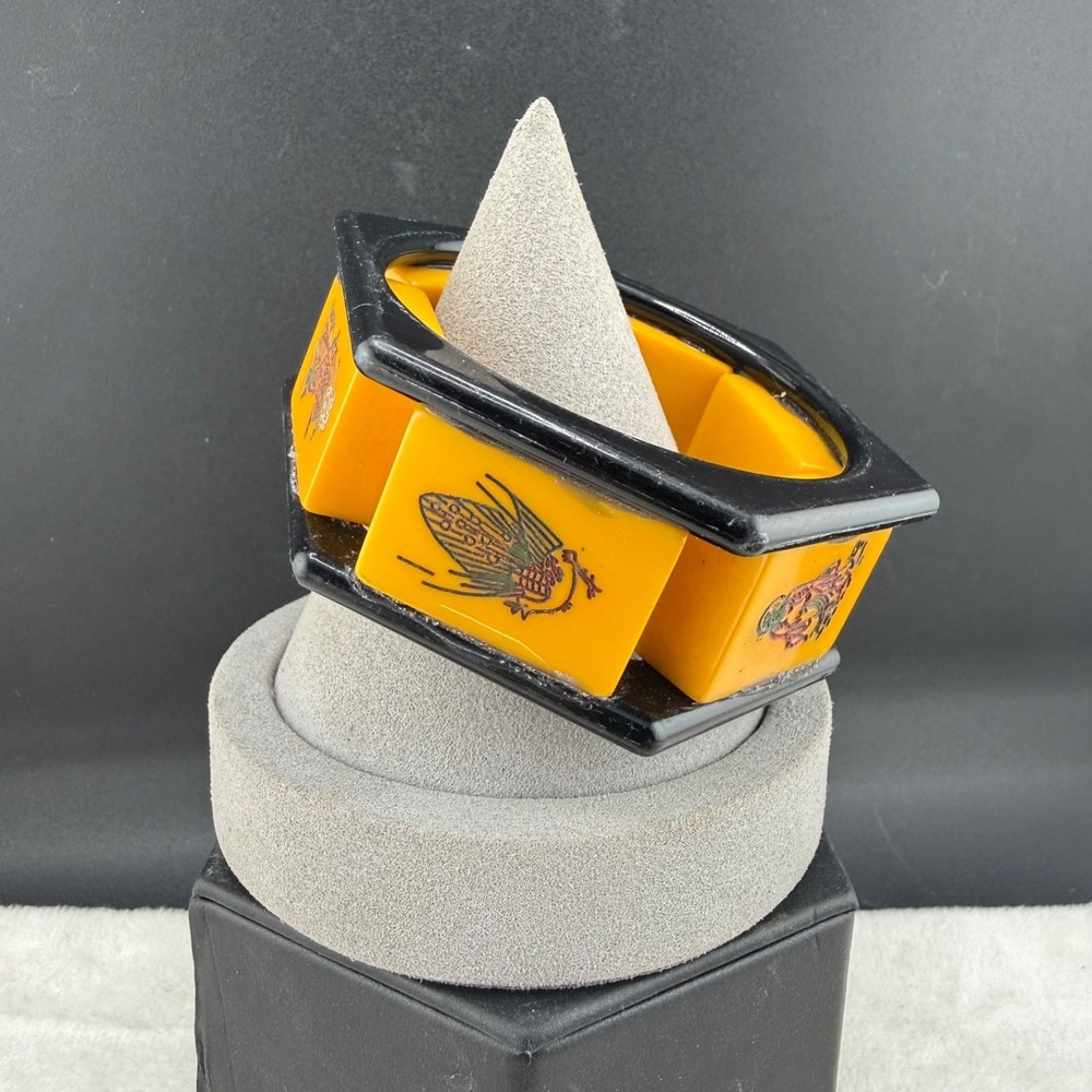 Vintage Mahjong Tile Bracelet Butterscotch Black Chinese Character Bangle